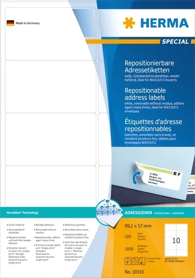 HERMA etiqueta removível 99,1 x 57 mm, pacote com 1000 unidades.