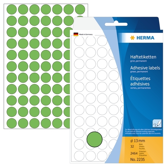 HERMA etiquetas manuais ø13mm verdes, 2464 unidades.