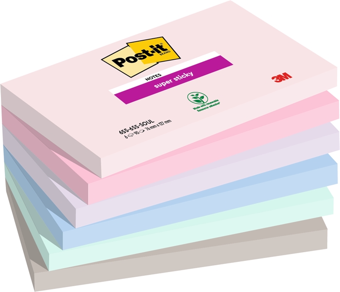 Notas adesivas 3M Post-it super aderentes Soulful 76 x 127 mm, - 90 folhas - 6 pacotes.