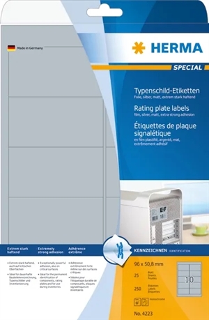 Por favor, traduza para o português:Filme de etiquetas HERMA extra resistente 96 x 50,8 mm prateado, 250 peças.