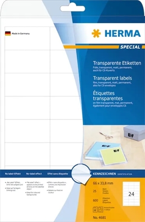 Por favor, traduza para português:Filme de etiqueta HERMA 66 x 33,8 transp mat mm, 600 unidades.