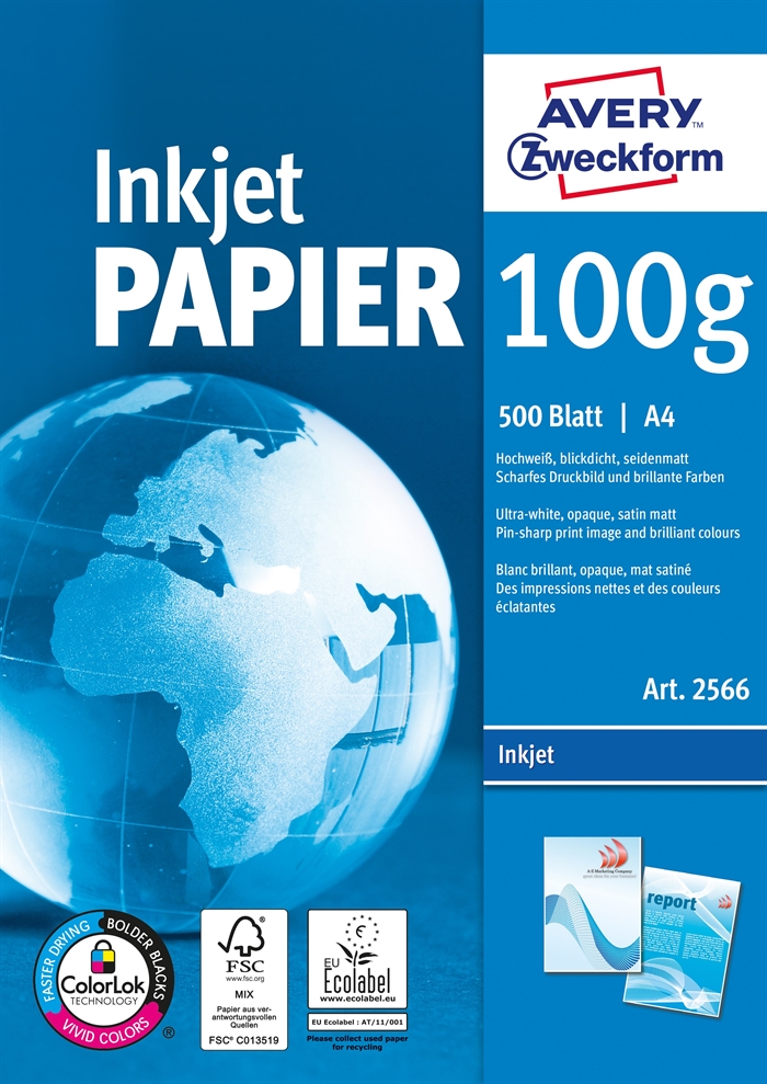 A4 Papel Avery para jato de tinta 100 g/m² - Pacote com 500 folhas