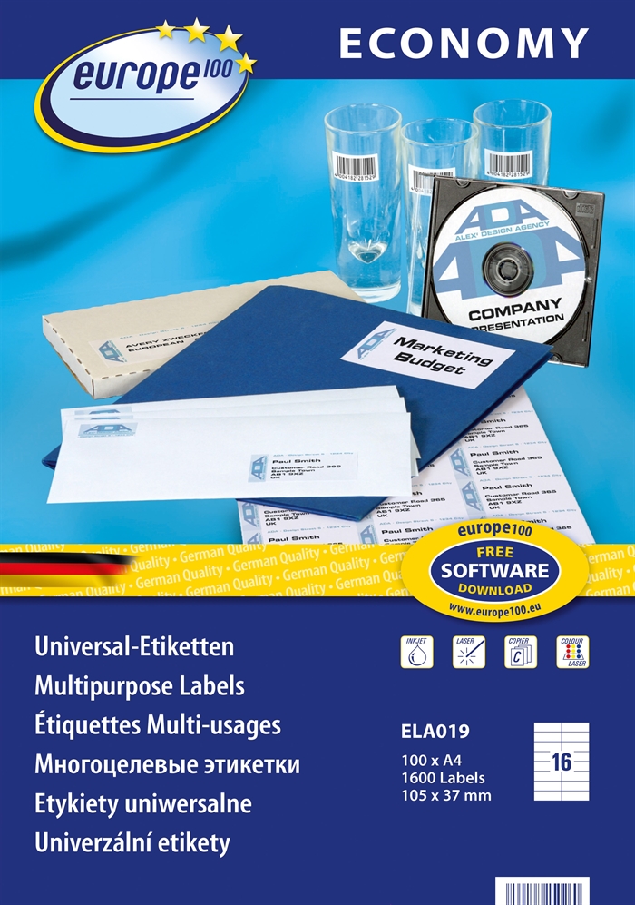 Avery Europe 100 etiqueta universal 105 x 37,1 mm, 1600 peças.