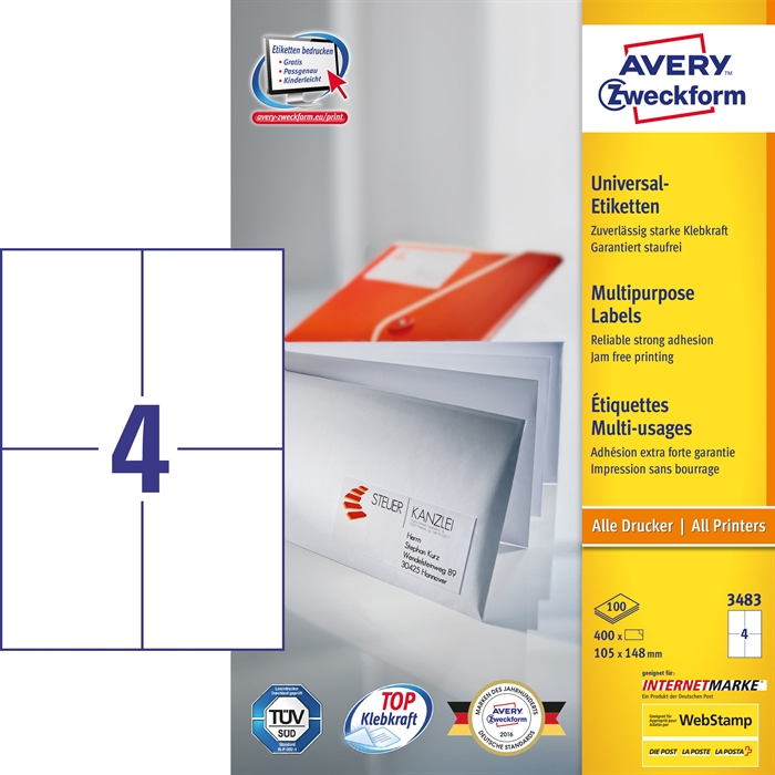 Avery ILC etiqueta universal 105 x 148 mm, 400 peças.