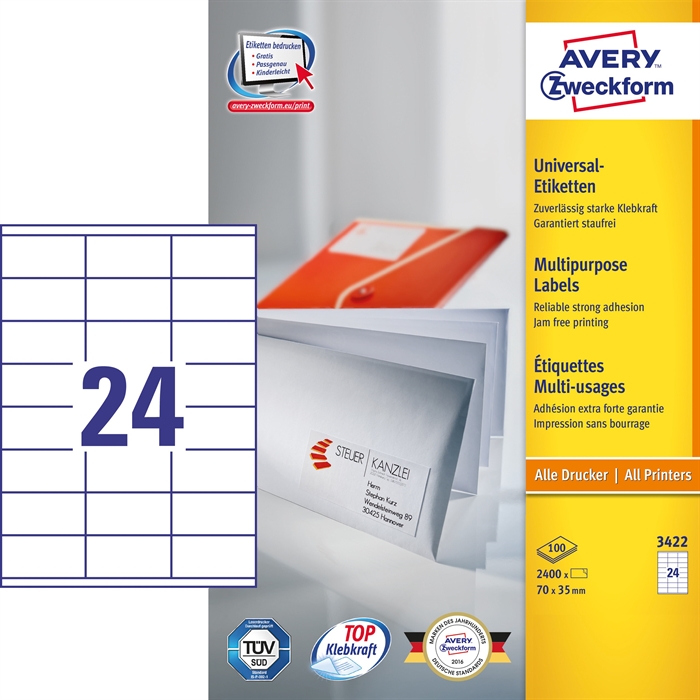 Avery ILC etiqueta universal 70 x 35 mm, 2400 unidades.