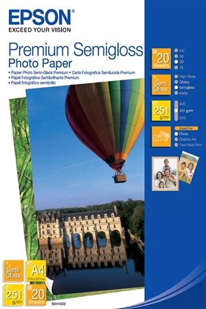 Papel Fotográfico Semibrilho Premium Epson A4 251 g/m², 20 folhas