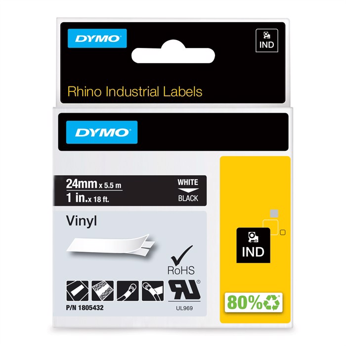 Tape de 24 mm x 5,5 m em vinil branco sobre preto.