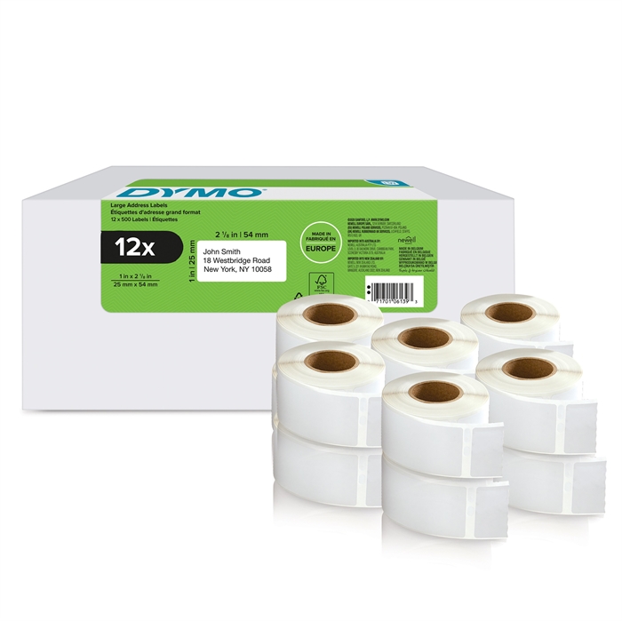 Dymo LabelWriter 25 mm x  54 mm Etiqueta de endereço de devolução 12 rolos de 500 unidades.