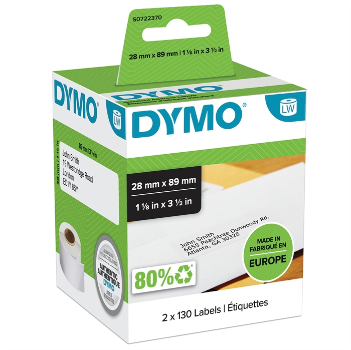 Dymo Etiqueta de Endereço 28 x 89 branca permanente, 130 etiquetas em ambos os rolos de 2 unidades.