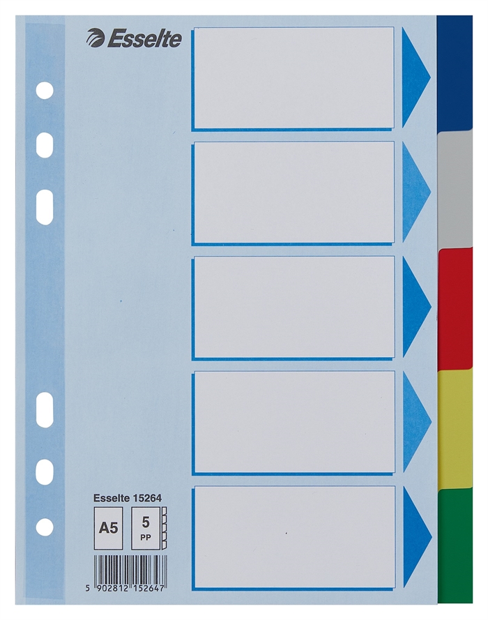 Esselte Faneblade PP A5 5-delt, abas coloridas.