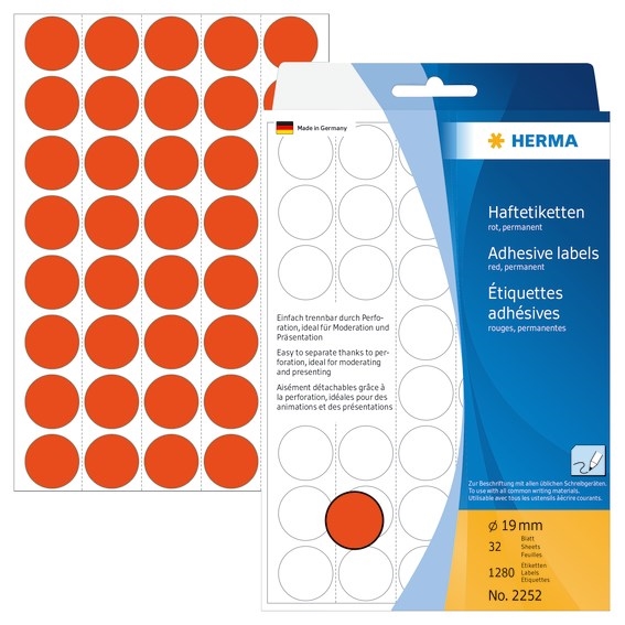 Por favor, traduza para o português:

HERMA etiqueta manual ø19 vermelha mm, 1280 unidades.