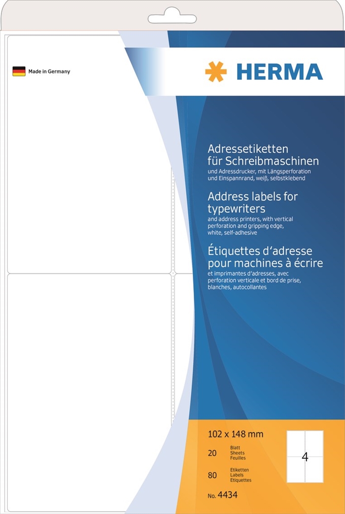 Por favor, traduza para o português:

Etiqueta de endereço HERMA para máquina de escrever 102 x 148 mm, 80 unidades.