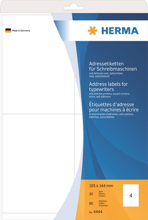 Por favor, traduza para português:Etiqueta de endereço HERMA para máquinas de escrever 105 x 144 mm, pacote com 80 unidades.