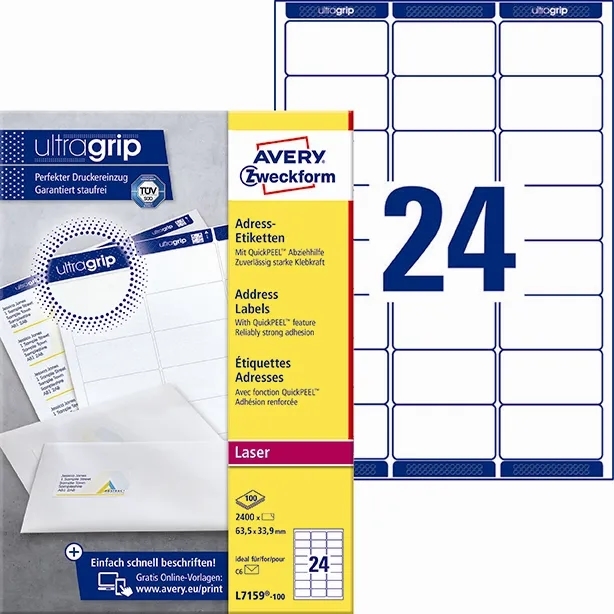 Avery L7159-100 Etiquetas de Endereço 63,5 x 33,9 mm QP+UG mm, 2400 unidades.