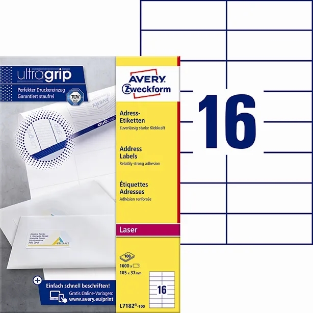 Avery L7182-100 Etiquetas de Endereço 105 x 37 mm UG mm, 1600 unidades.